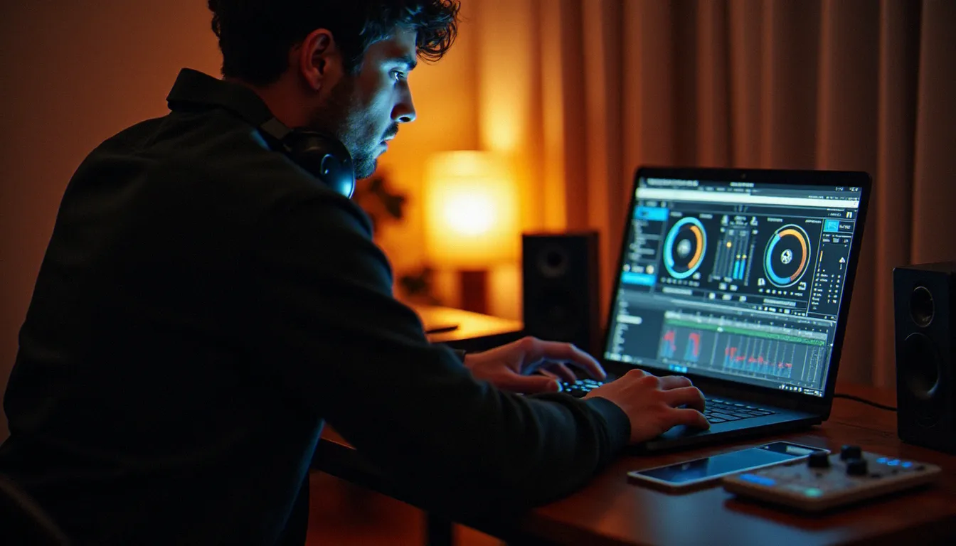 Débutant utilisant un logiciel DJ gratuit sur ordinateur portable avec un contrôleur MIDI