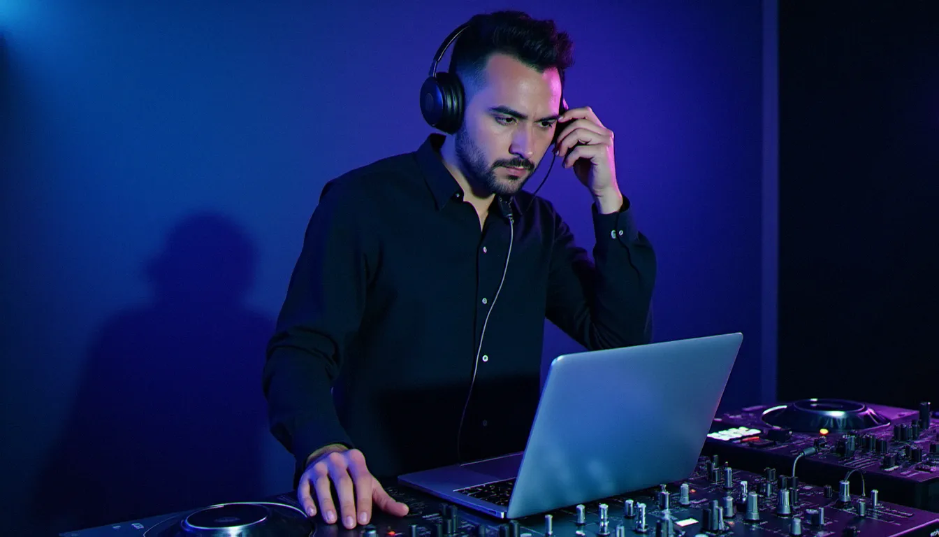 DJ devant un ordinateur portable utilisant un logiciel DJ gratuit dans un studio de musique éclairé en bleu et violet