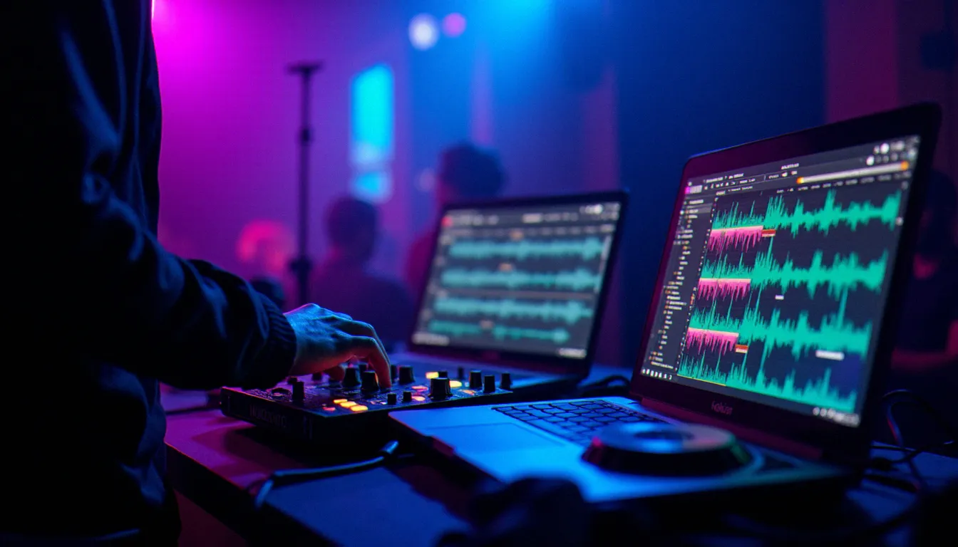 DJ utilisant une alternative logiciel gratuite à Virtual DJ sur un contrôleur connecté à un ordinateur portable en club, avec waveforms colorées visibles à l'écran