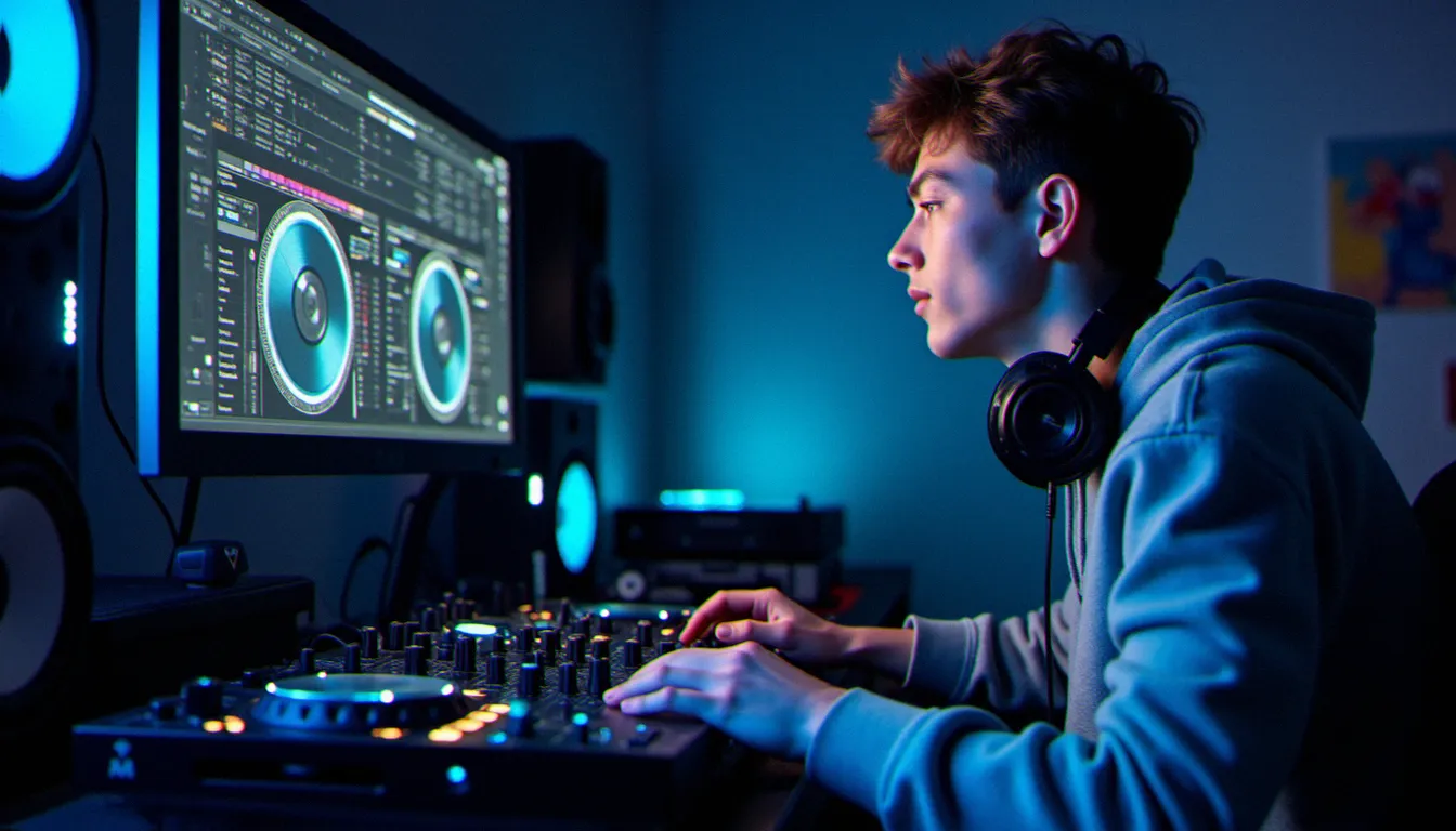 Un DJ devant son PC utilisant une application DJ gratuite pour mixer deux platines virtuelles dans un studio maison