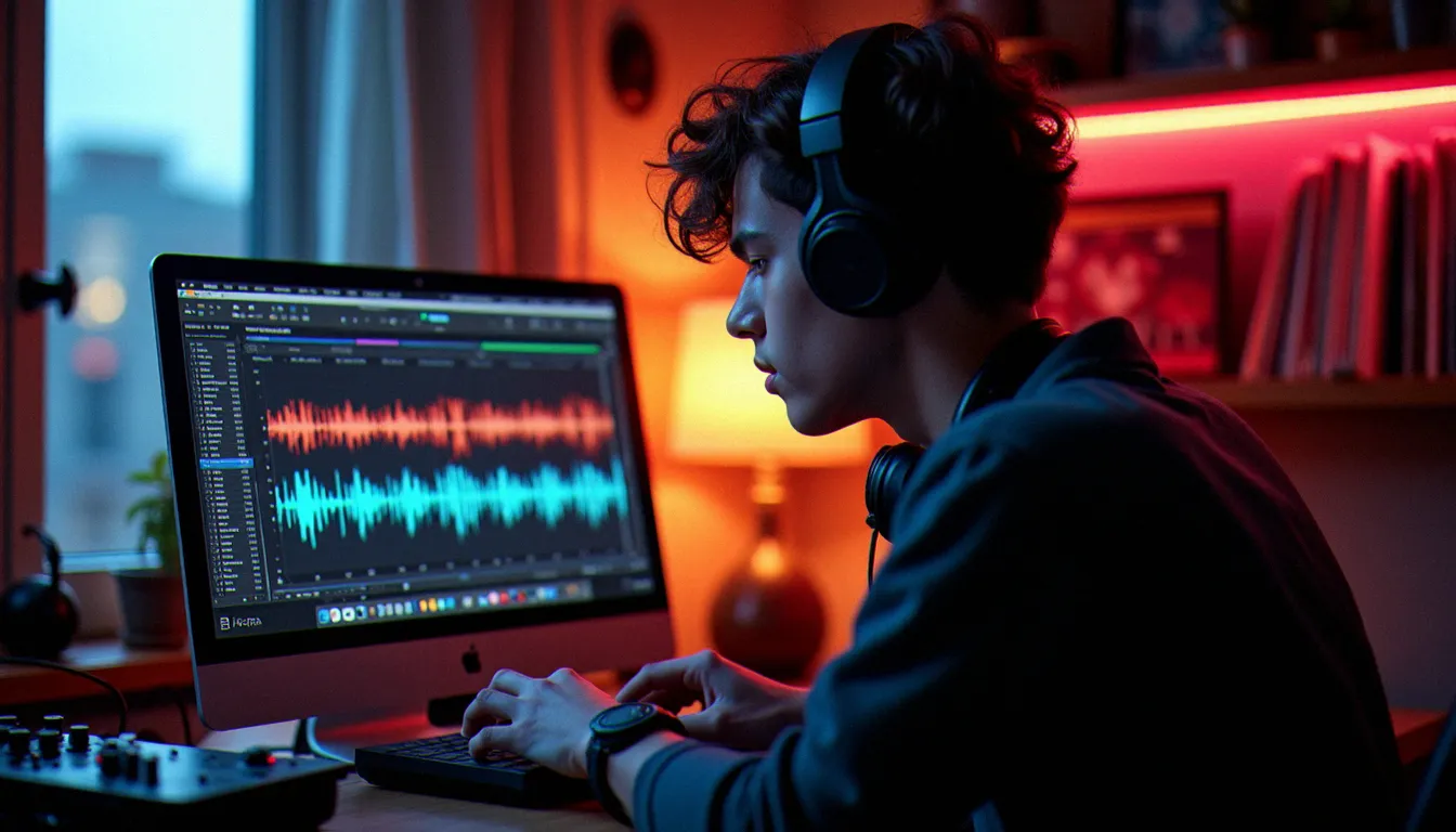 DJ comparant des logiciels DJ gratuits sur un ordinateur portable dans un studio home, avec un contrôleur MIDI et des écouteurs posés sur le bureau