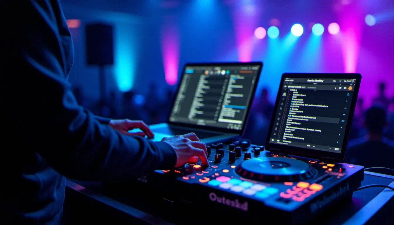 DJ professionnel en club devant ses platines CDJ avec un logiciel DJ affiché sur ordinateur portable, illustrant la recherche d'un logiciel DJ compatible Spotify