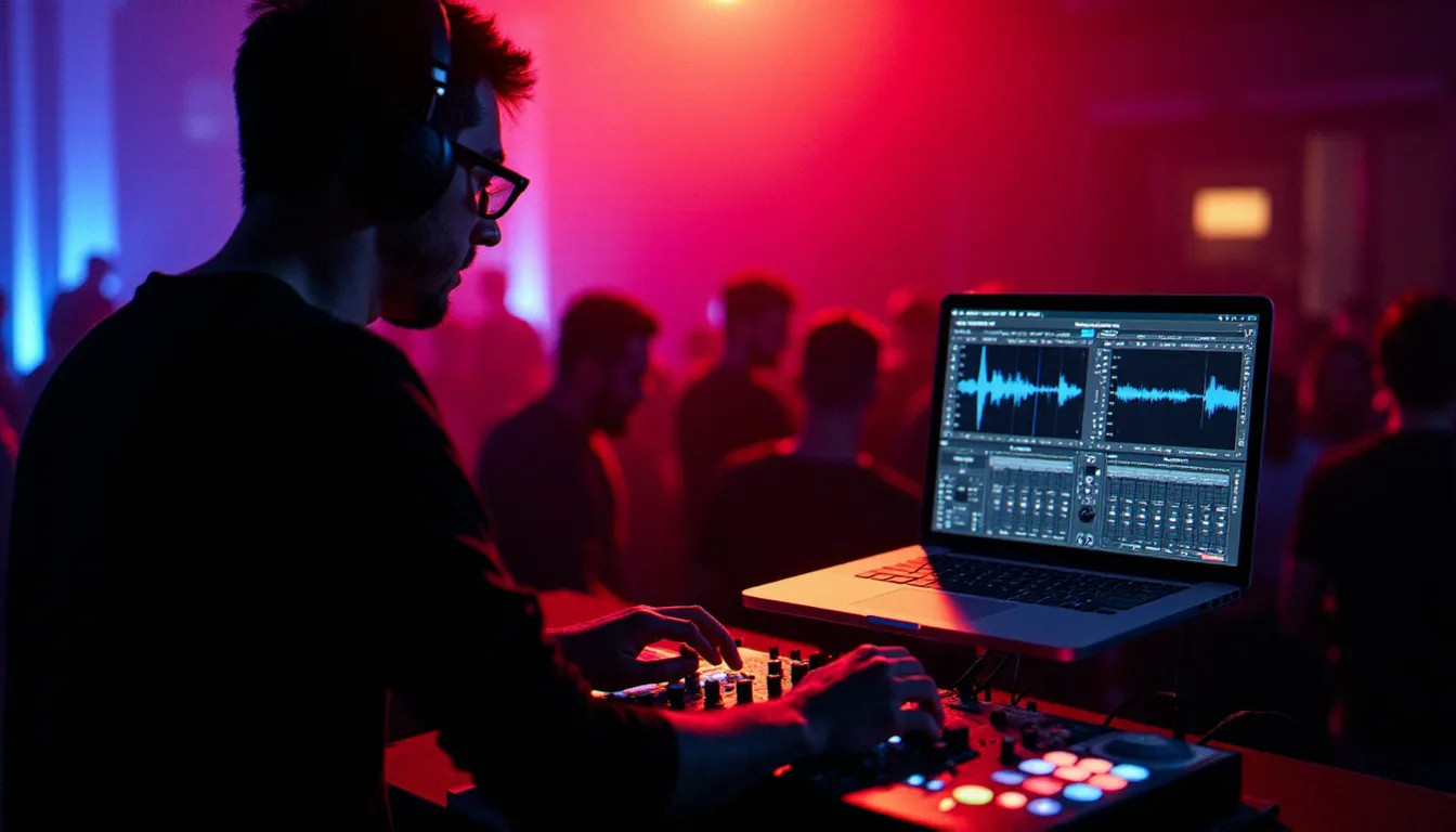 DJ utilisant un logiciel DJ open source sur ordinateur portable avec contrôleur MIDI lors d'une performance en club