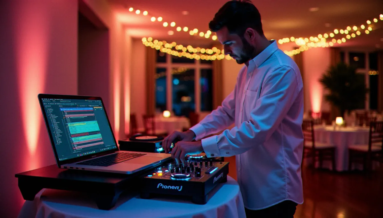 DJ professionnel configurant son logiciel DJ pour mariage sur un contrôleur Pioneer dans une salle de réception décorée