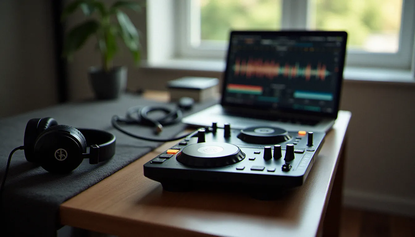 Setup home studio avec un contrôleur DJ deux canaux connecté à un ordinateur portable affichant un logiciel de mix, avec un casque posé à côté sur un bureau en bois