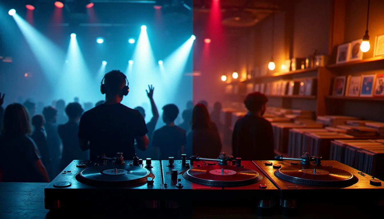 Comparaison visuelle entre un DJ mixant sur contrôleur DJ numérique dans un club avec lasers et fumée, et un setup analogique avec platines vinyle dans un cadre chaleureux