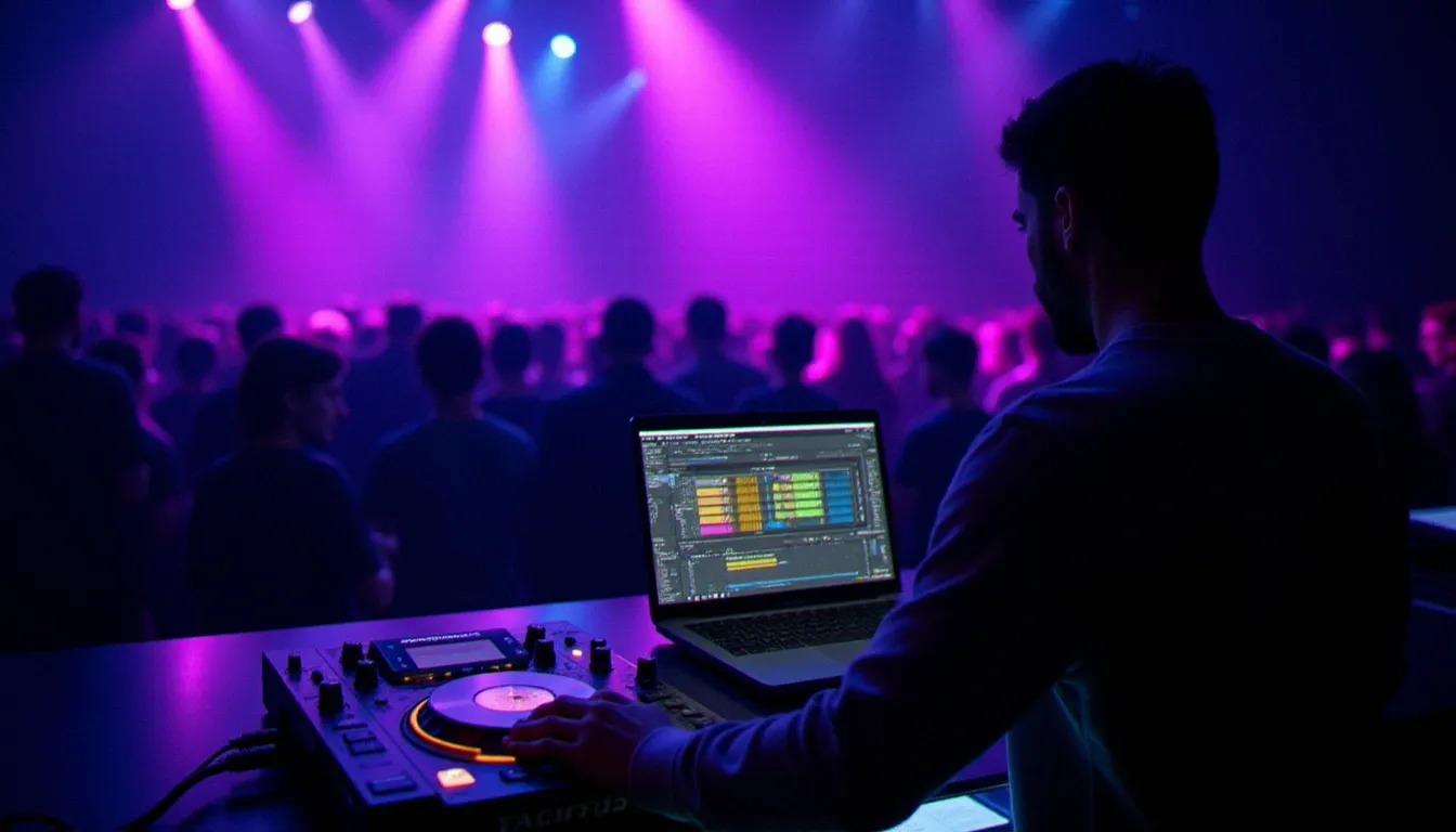 Un DJ professionnel utilisant un dj logiciel dans une cabine de club lyonnais, avec des waveforms colorées visibles sur l'écran de son ordinateur portable et un contrôleur Pioneer devant lui