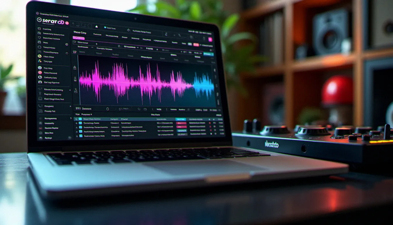 Écran d'ordinateur affichant une interface de logiciel DJ professionnel avec waveforms colorées et bibliothèque musicale, posé sur un bureau de home studio