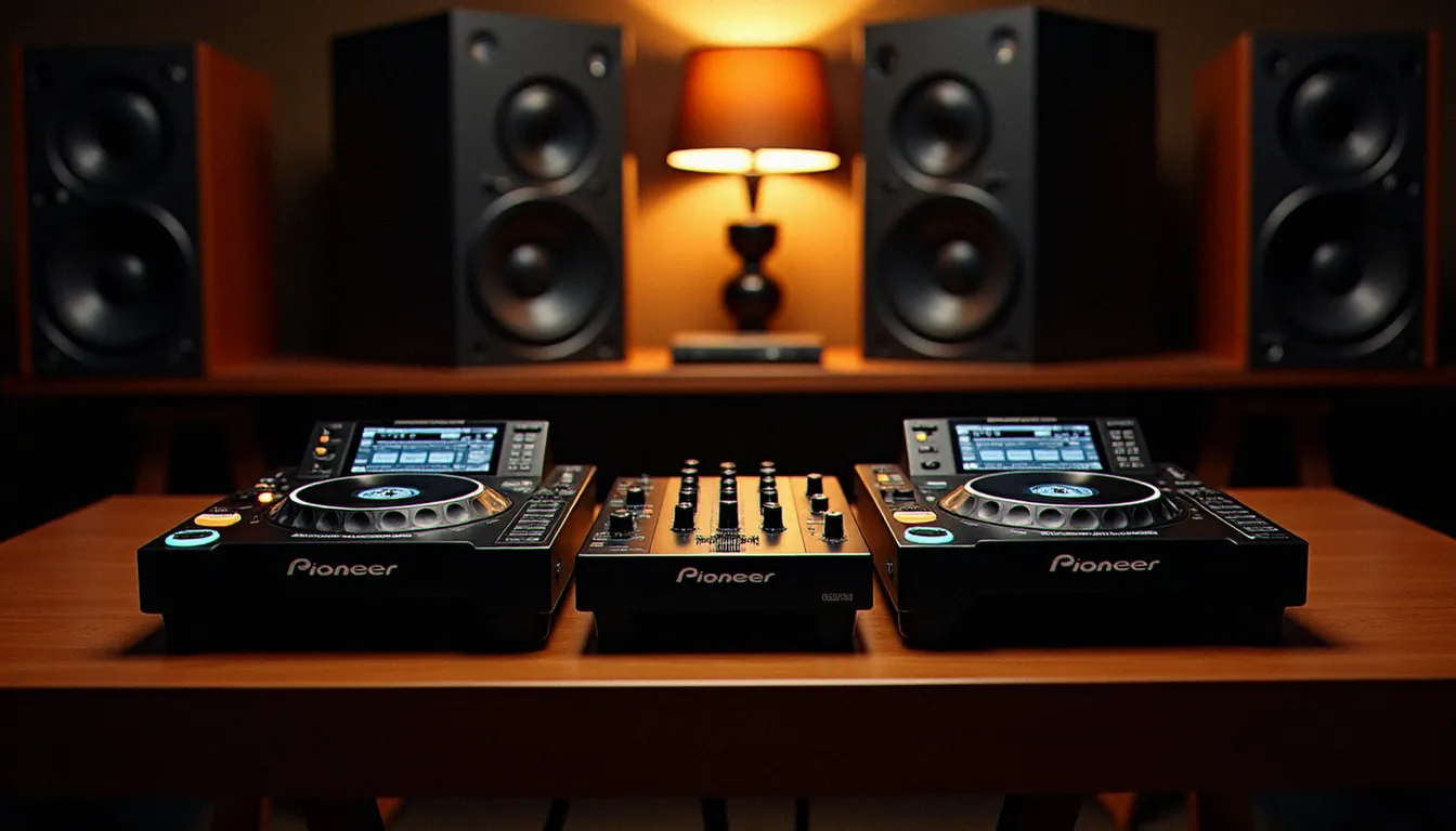 Deux platines CDJ Pioneer et une table de mixage DJM posées sur une table de studio, éclairage chaleureux ambiant, setup professionnel de matériel DJ complet
