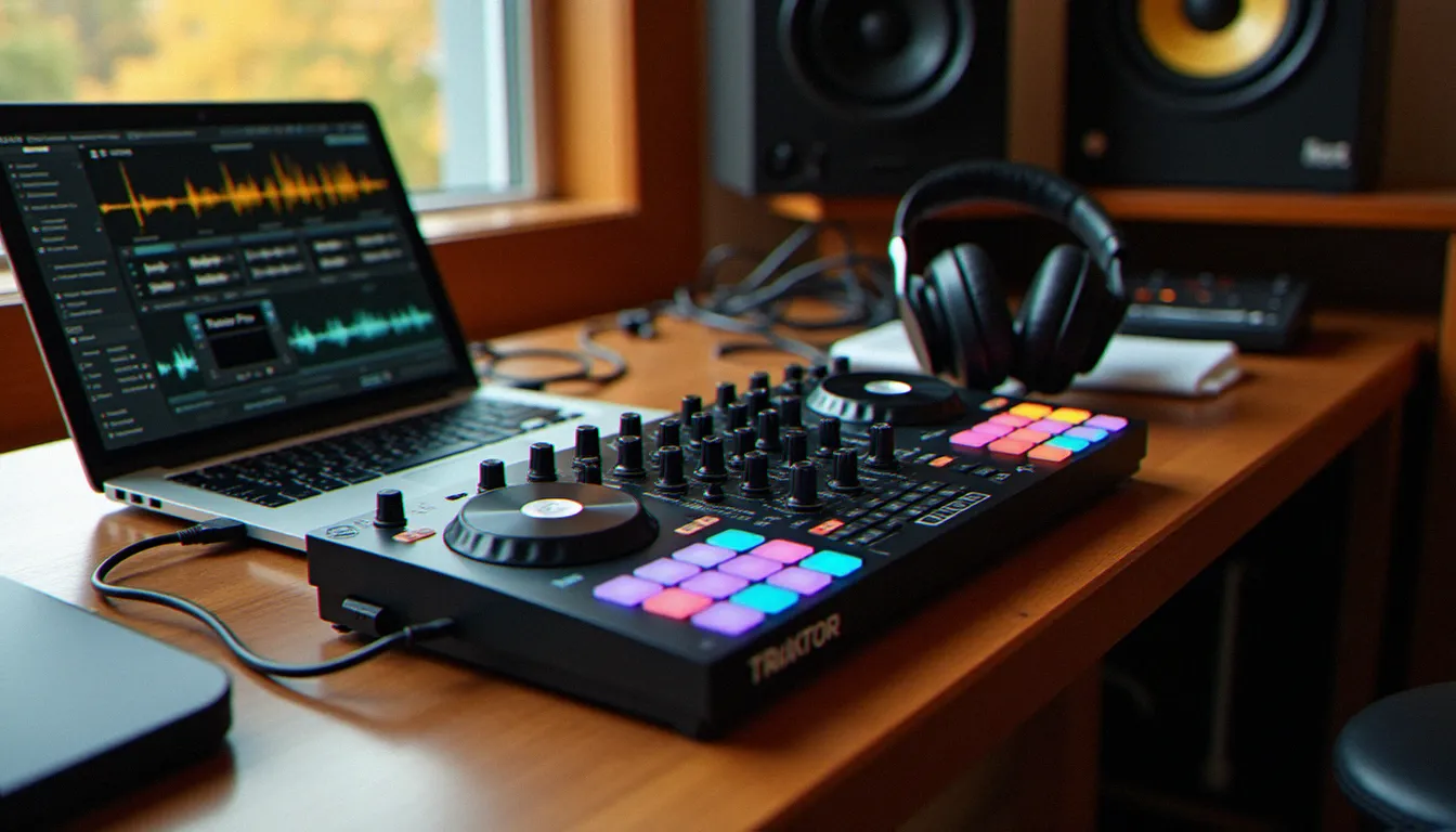 Contrôleur MIDI Native Instruments Traktor Kontrol S4 posé sur un bureau avec ordinateur affichant l'interface de logiciel de mixage musical