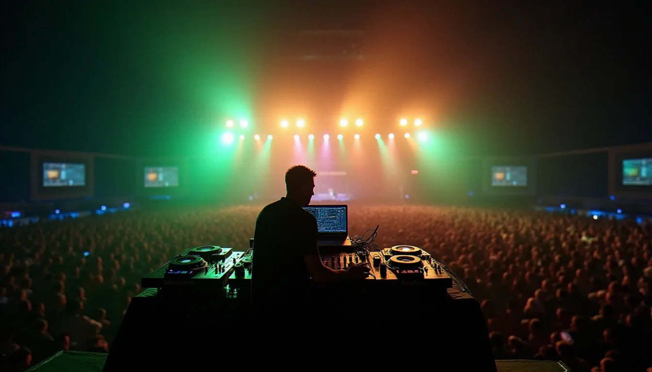 Artiste DJ en performance live sur scène de festival outdoor la nuit utilisant des outils de mixage musical numériques devant une foule nombreuse