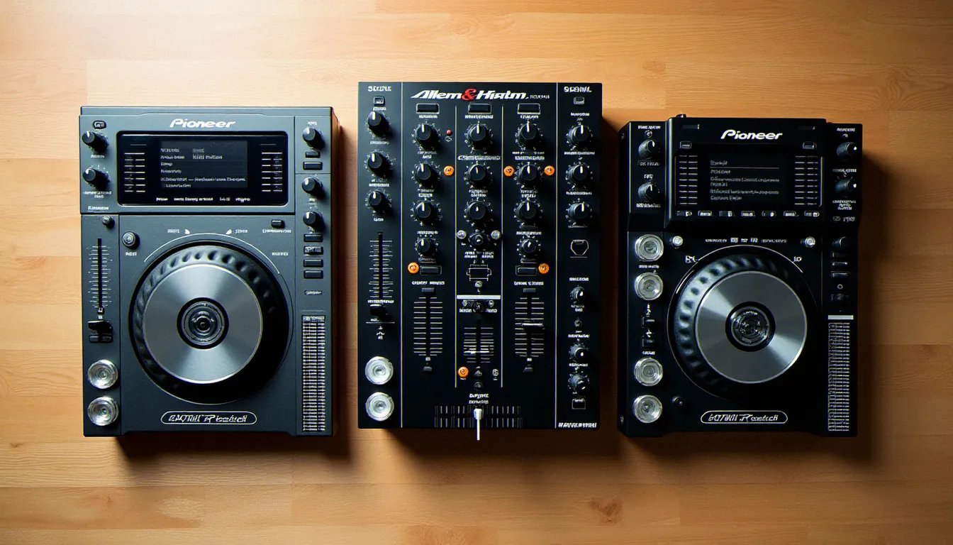 Vue comparative de trois tables de mixage professionnelles Allen & Heath, Pioneer et Rane posées côte à côte sur une surface en bois pour comparaison de gammes
