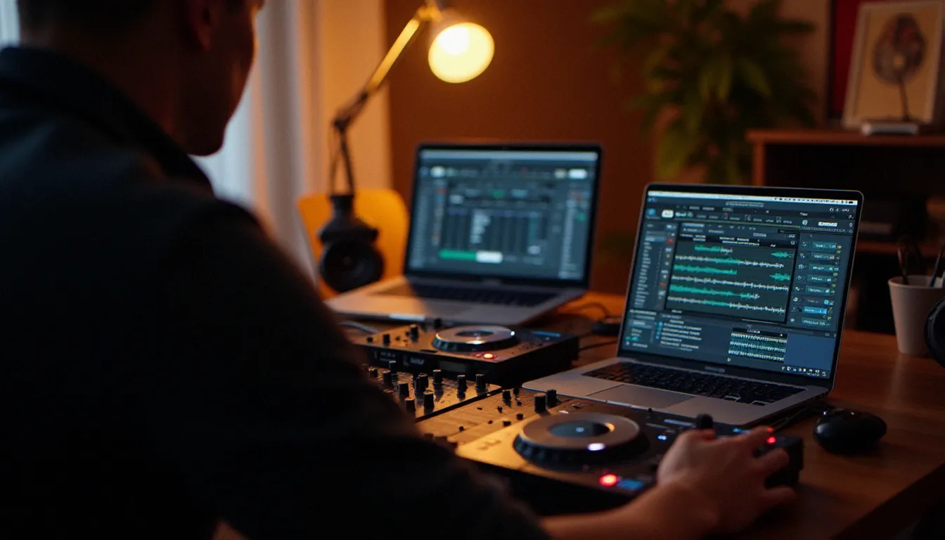 DJ connectant un câble USB de sa table de mixage Pioneer à un ordinateur portable pour intégrer la table avec un logiciel DJ dans son studio home studio