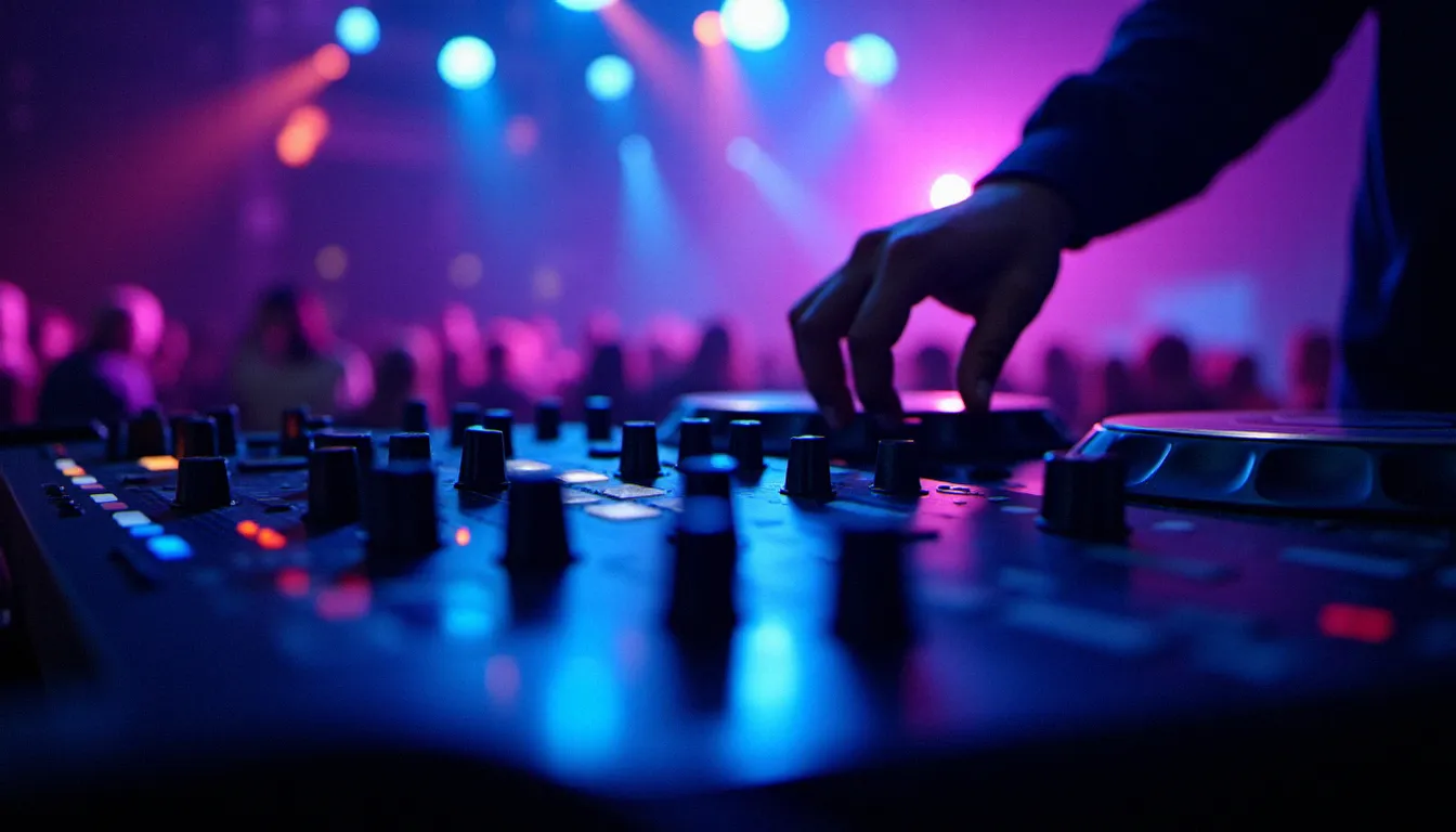 Table de mixage Pioneer DJM-900NXS2 sur un booth DJ en club, mains d'un DJ réglant les égaliseurs sous un éclairage scénique bleu et violet