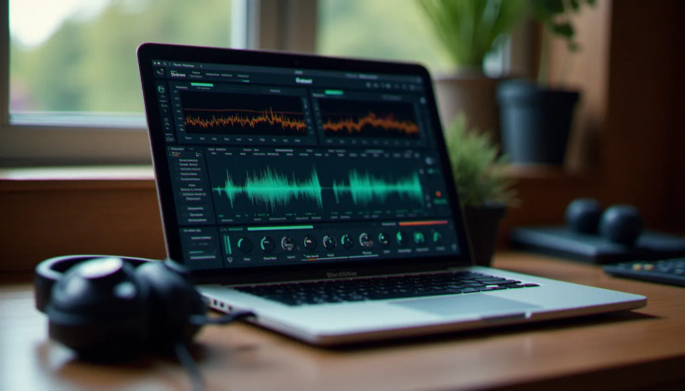 Interface du logiciel VirtualDJ d'Atomix Productions affichant les platines virtuelles et l'analyseur de fréquences sur un ordinateur portable en studio