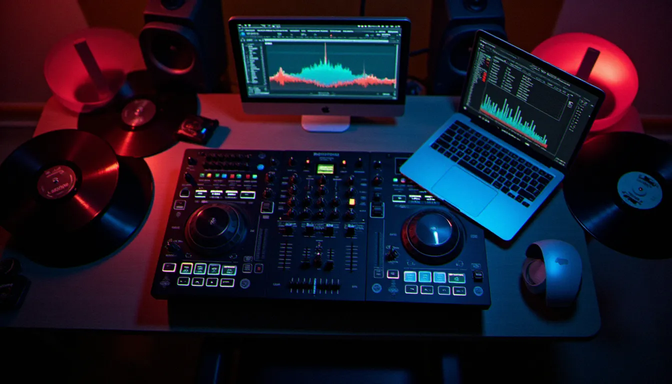 Vue aérienne d'un setup DJ avec contrôleur, vinyles et clés USB représentant la polyvalence du logiciel Atomix Productions VirtualDJ en contexte de performance