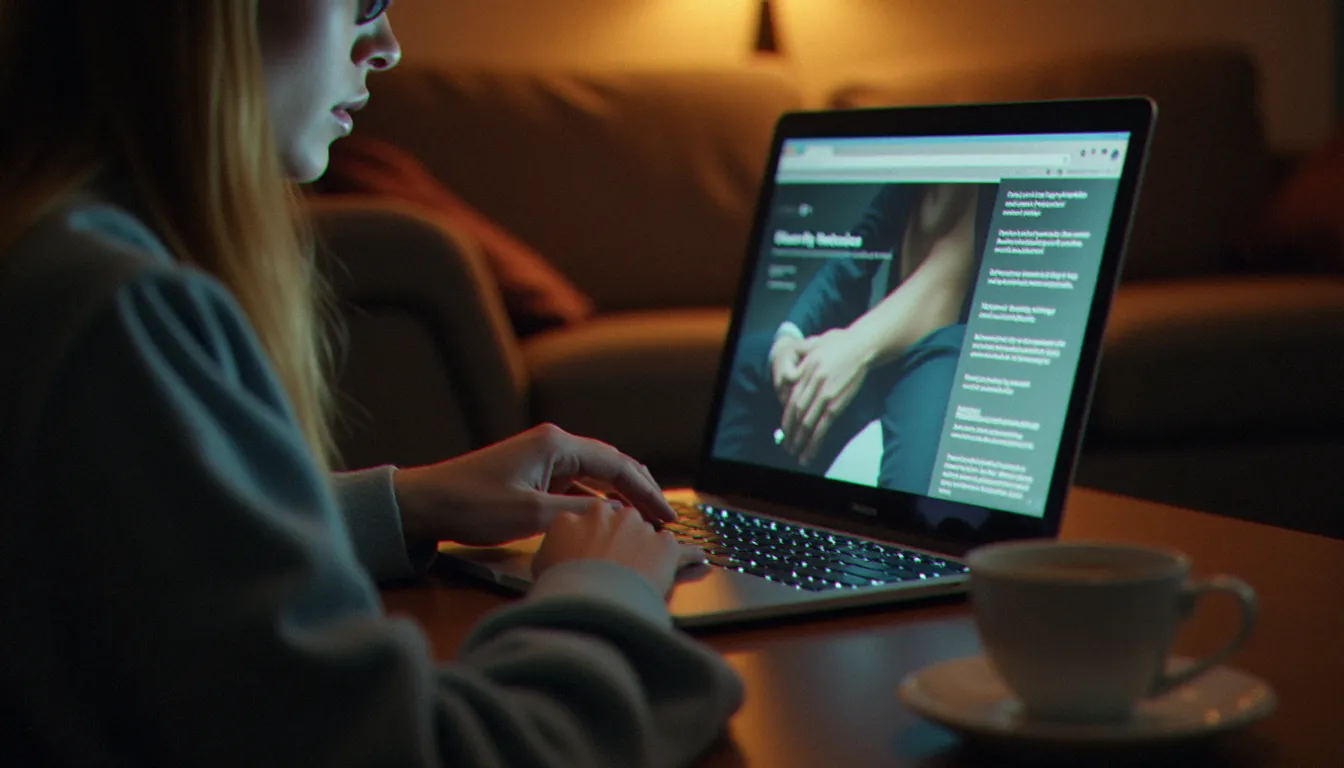 Personne consultant des avis de décès en ligne sur un ordinateur portable dans un salon, illustrant la recherche numérique d'un avis de décès 74