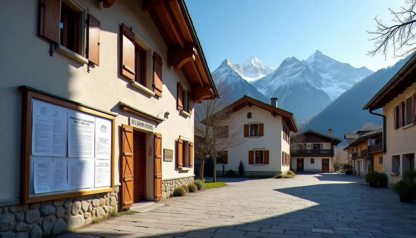 Mairie d'un village de Haute-Savoie avec tableau d'affichage extérieur, illustrant la publication officielle d'un avis de décès 74 dans le département