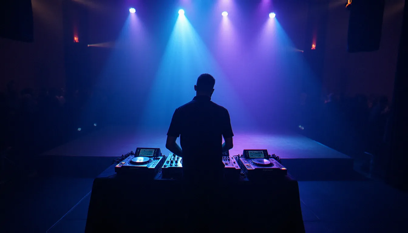 DJ en recueillement devant ses platines lors de la préparation d'une soirée hommage organisée après un avis de décès dans la communauté musicale
