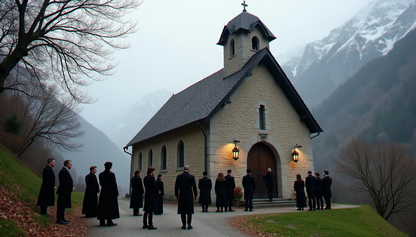 Famille rassemblée devant une église en pierre dans un village alpin de l'Isère pour une cérémonie funèbre, illustrant l'importance des avis de décès en Isère pour réunir les proches