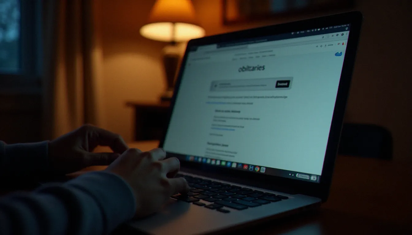 Mains sur un clavier d'ordinateur portable recherchant des avis de décès en ligne depuis un bureau à domicile