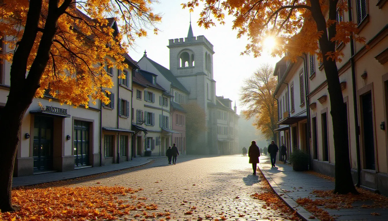 Place d'une ville française paisible avec une église en pierre, évoquant l'atmosphère communautaire de Vichy lors d'une cérémonie funèbre