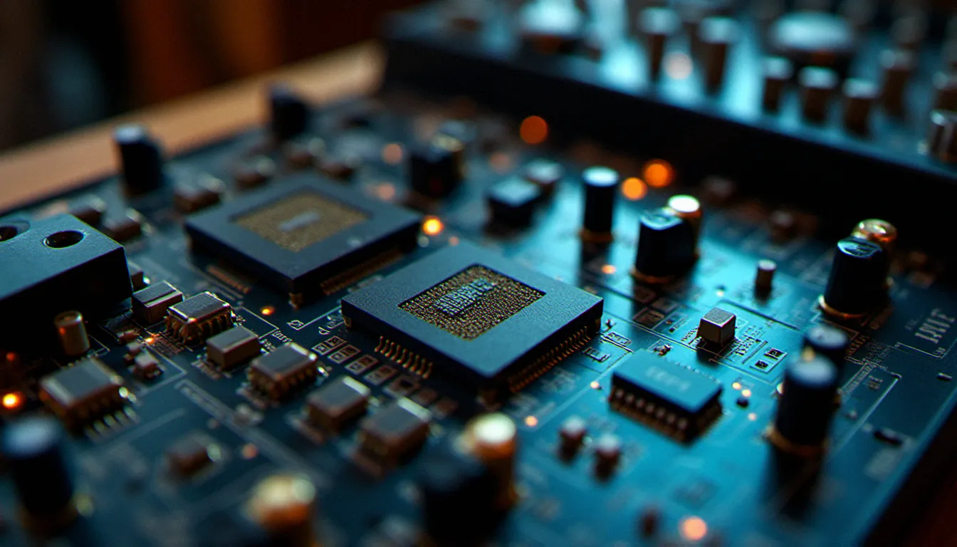 Carte électronique interne d'une console de mixage numérique montrant les puces DSP et les convertisseurs audio de haute qualité