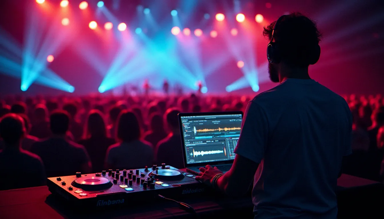 DJ en performance sur scène utilisant une console de mixage numérique connectée à un ordinateur portable affichant un logiciel DJ avec formes d'ondes