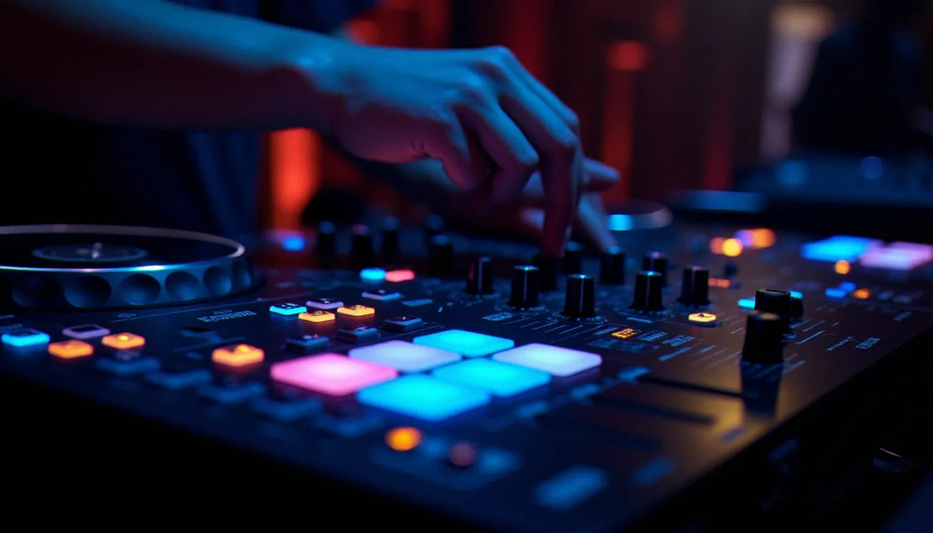 Console de mixage numérique professionnelle de type Pioneer DJM éclairée dans un booth de club avec effets LED colorés et canaux multiples
