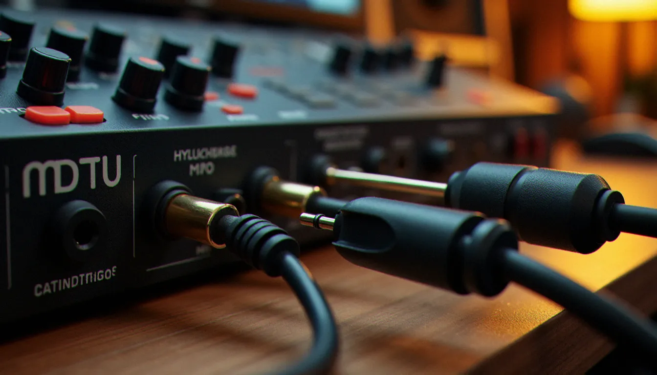 Câbles MIDI DIN 5 broches connectant plusieurs synthétiseurs hardware à une interface MIDI multi-ports sur un bureau de studio professionnel