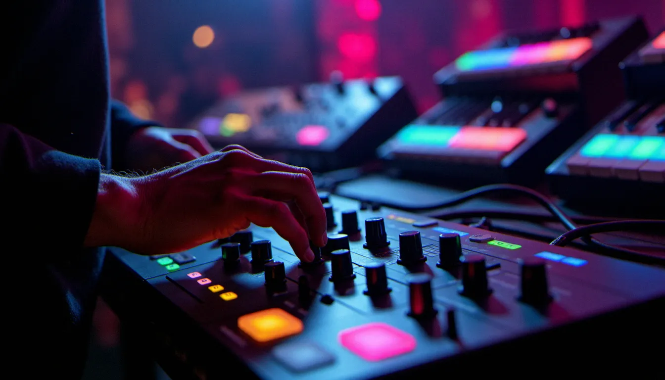 Mains d'un producteur manipulant les encodeurs d'un séquenceur Elektron Octatrack MkII connecté en MIDI à plusieurs synthétiseurs hardware lors d'une performance live