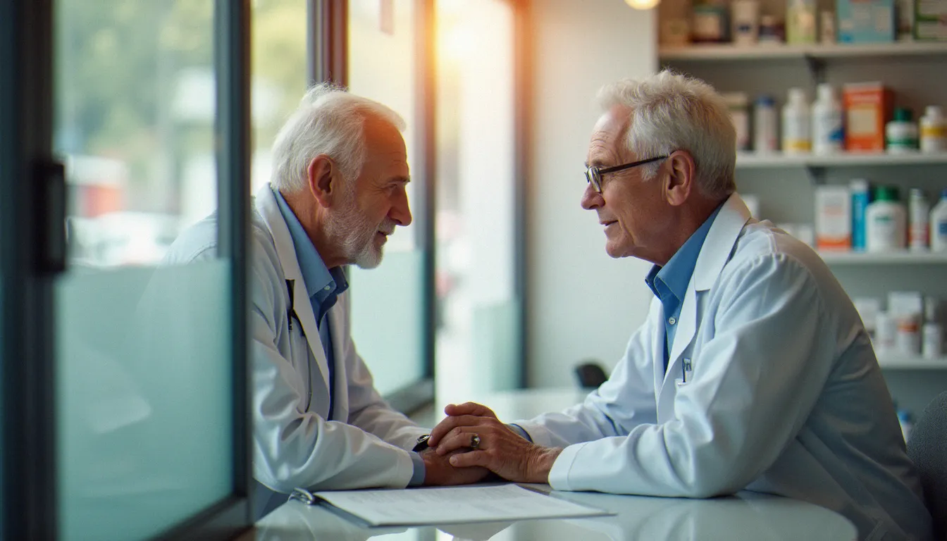 Un homme âgé en consultation avec un pharmacien pour s'informer sur les effets secondaires fréquents du vaccin contre le zona