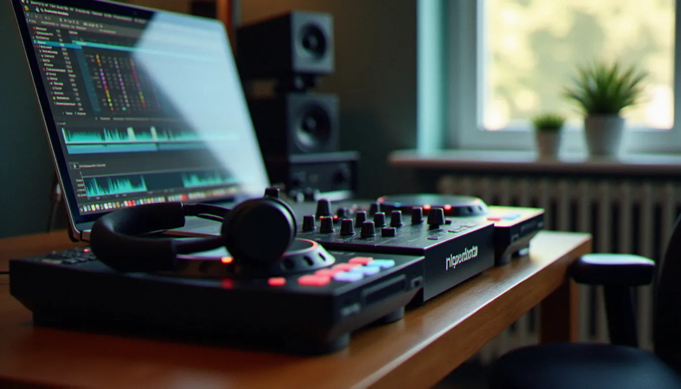 Setup DJ home studio avec contrôleur Pioneer, ordinateur portable affichant un logiciel de mixage et casque professionnel posé sur le matériel