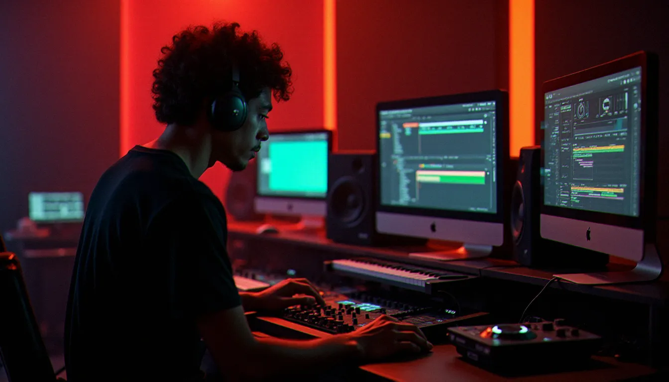 Un disc jockey producteur en studio d'enregistrement entouré de synthétiseurs et contrôleurs MIDI, avec l'interface Ableton Live visible sur deux écrans