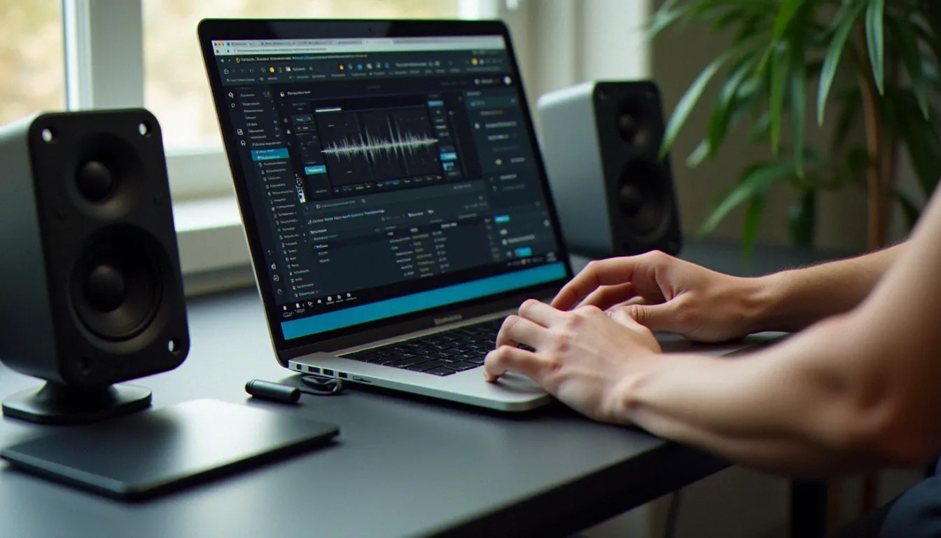 Mains utilisant un logiciel de mixage DJ en ligne depuis un navigateur web sur ordinateur portable