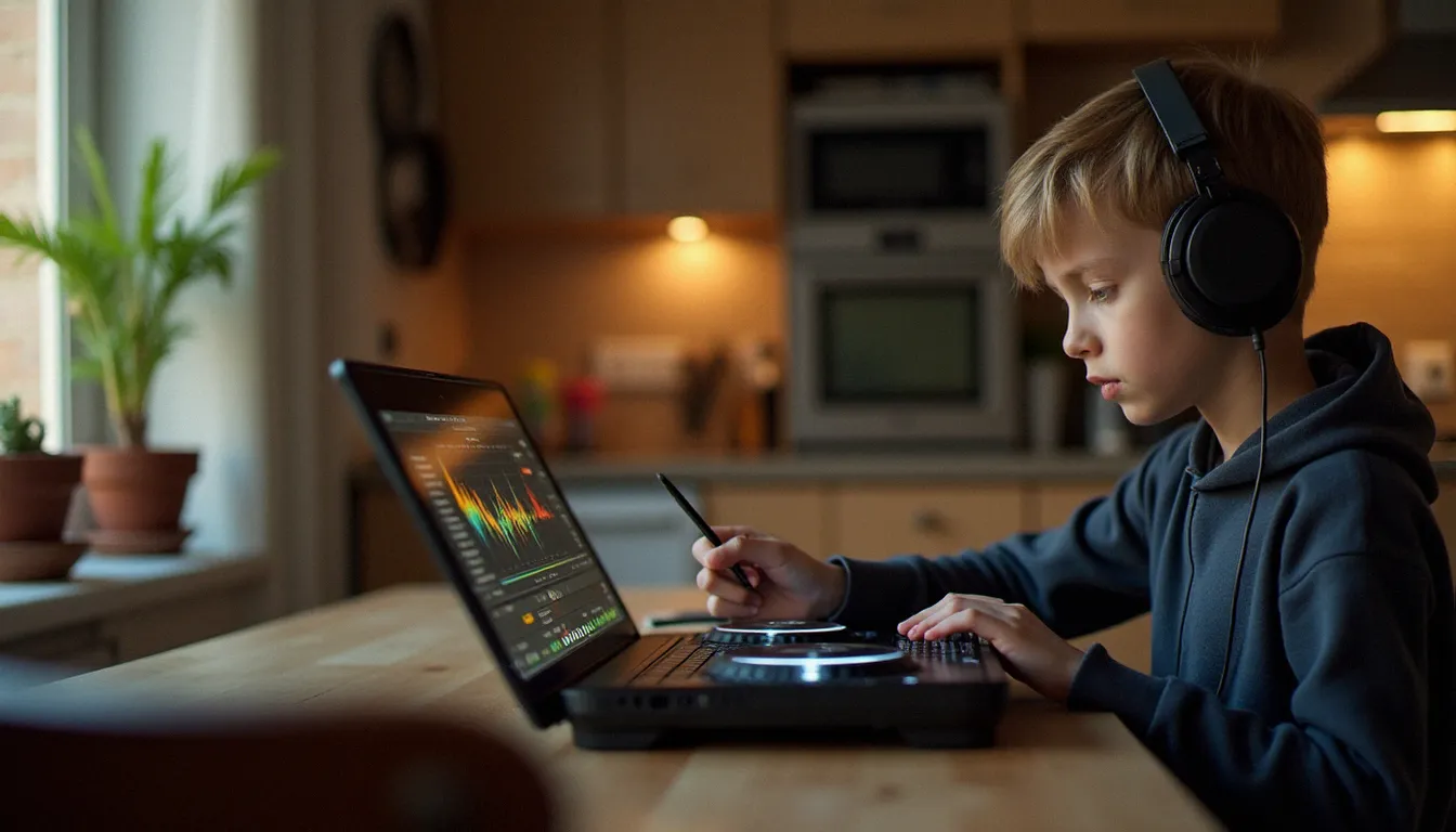 Jeune apprenti DJ s'entraînant sur un outil DJ en ligne gratuit depuis une tablette et un ordinateur à la maison