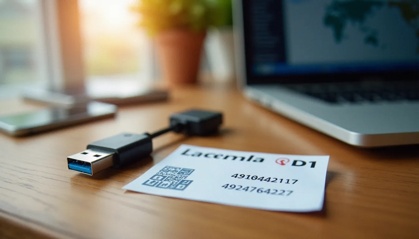 Dongle USB de licence logicielle et carte de numéro de série posés sur un bureau de studio avec un ordinateur affichant un tableau de gestion de licence