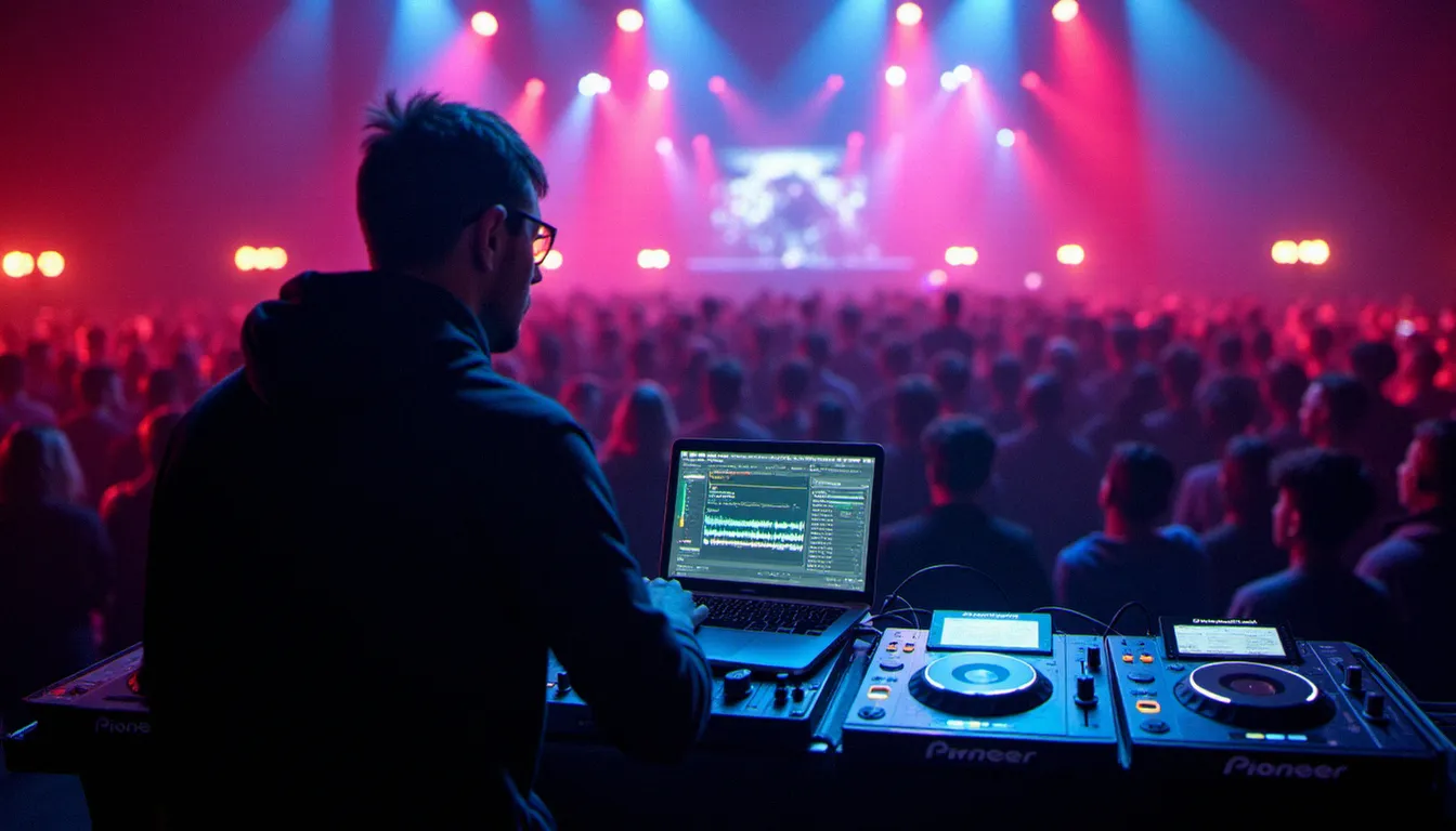 DJ en set dans un club lyonnais avec un laptop affichant un logiciel DJ actif sous licence, équipement Pioneer en cabine