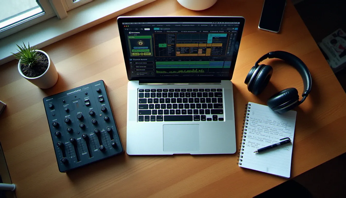 Vue aérienne d'un bureau de DJ avec laptop affichant une interface de logiciel audio, contrôleur MIDI, interface audio USB et casque studio en pleine lumière naturelle