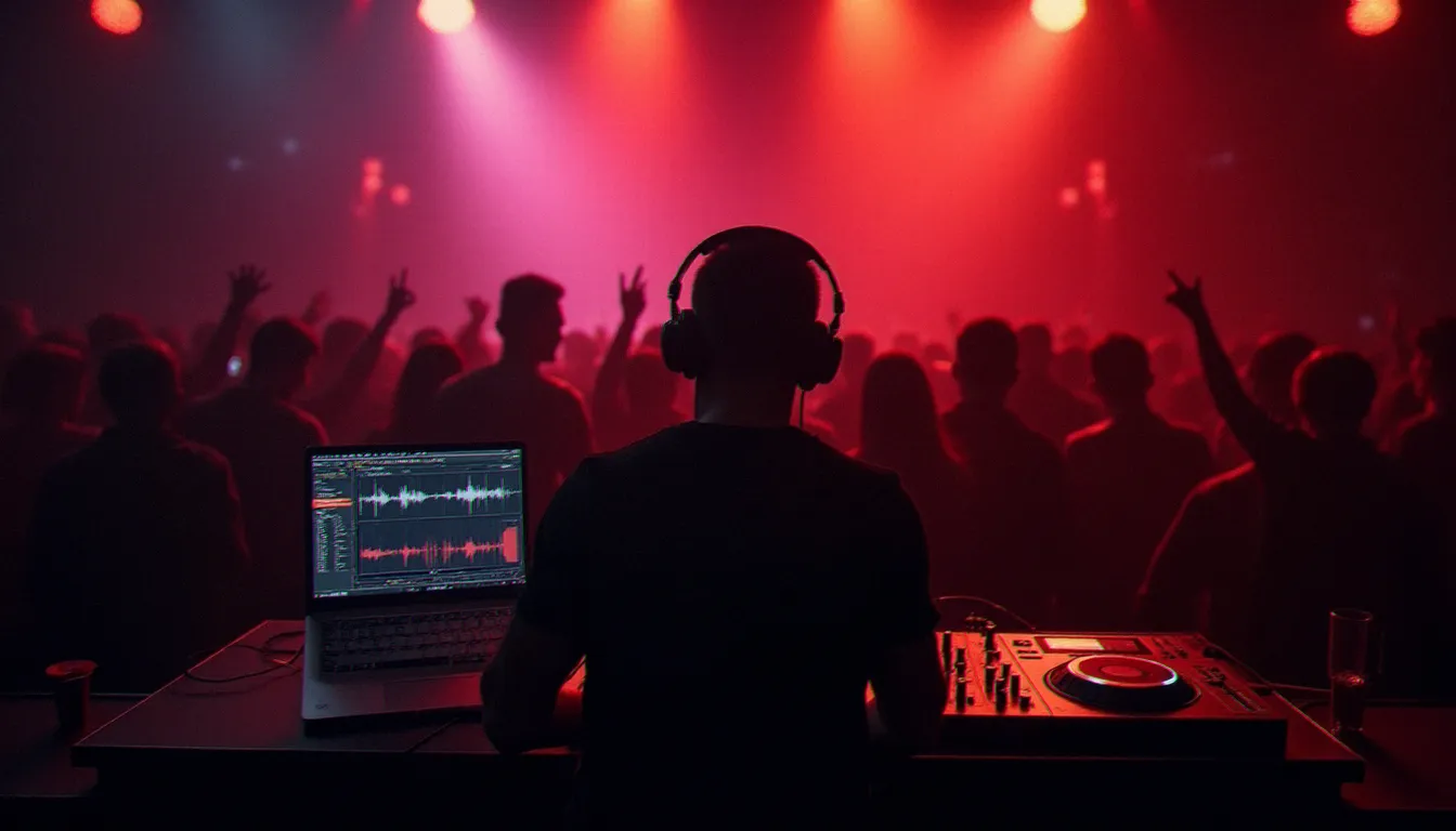 DJ en performance dans un club sombre avec écran d'ordinateur affichant un logiciel audio illuminé, foule en arrière-plan dans une ambiance de lumières colorées et de fumée de scène