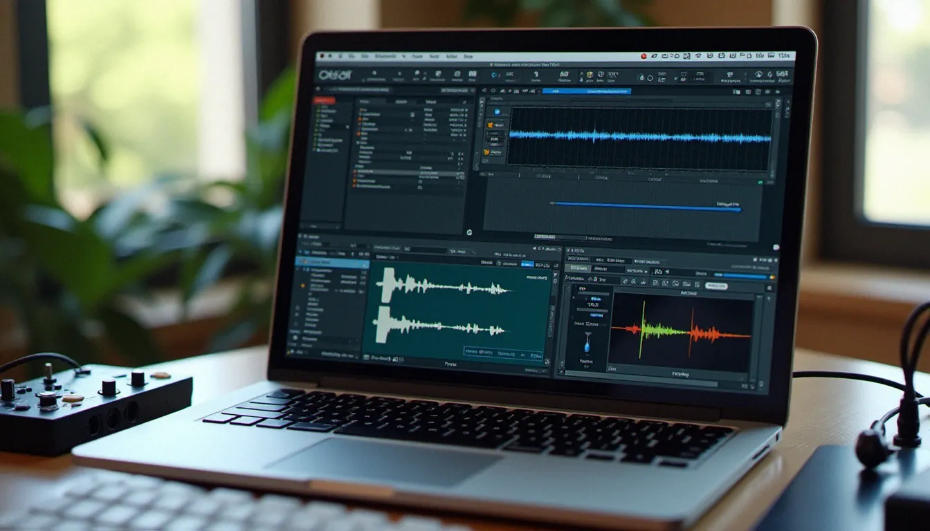 Écran d'ordinateur portable affichant plusieurs interfaces de logiciels beatmaker gratuits en comparaison sur un bureau de studio