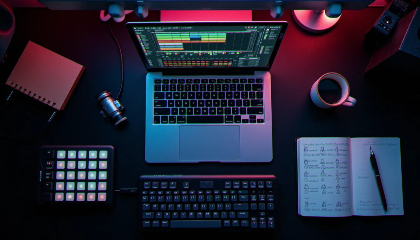 Vue aérienne d'un espace de travail de beatmaker avec ordinateur portable affichant un séquenceur gratuit, contrôleur MIDI et interface audio