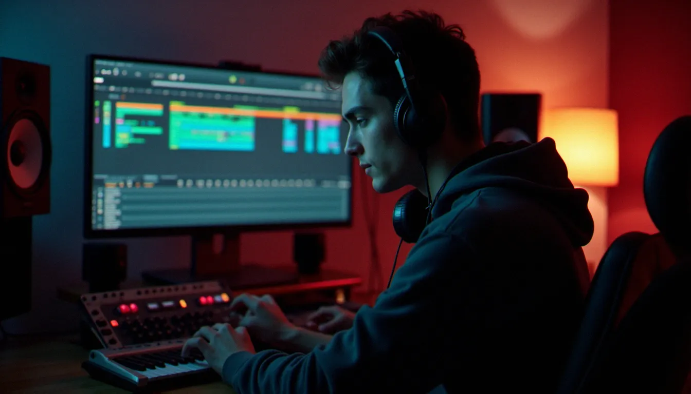 Jeune producteur utilisant un logiciel beatmaker gratuit sur ordinateur dans un home studio avec clavier MIDI et moniteurs audio