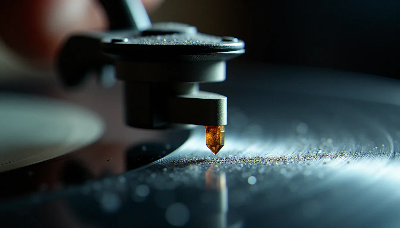 Vue macro d'une cellule de lecture et de son diamant posé dans le sillon d'un vinyle, composant essentiel du matériel traditionnel DJ
