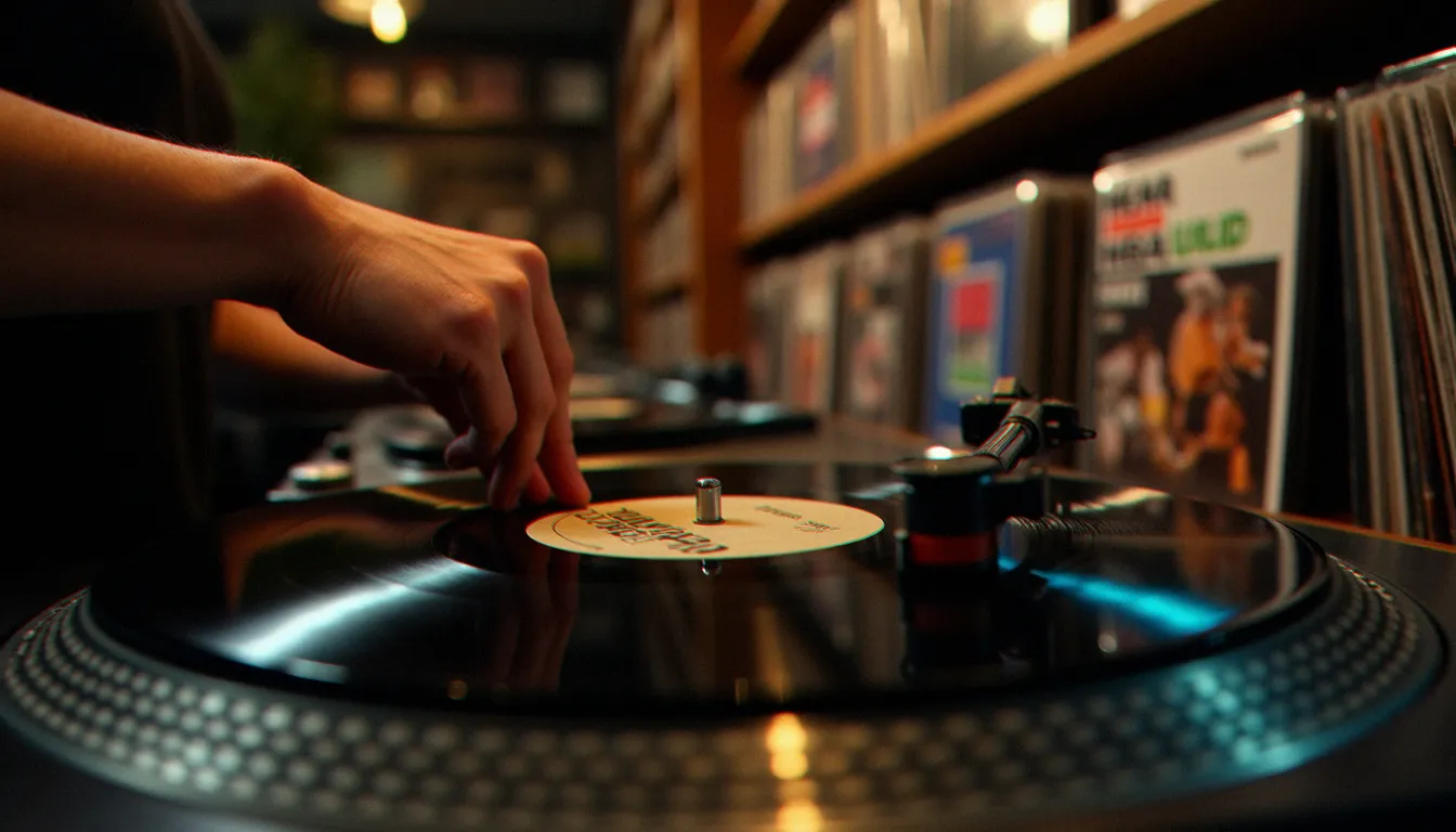 Mains d'un DJ posant un vinyle 12 pouces sur un plateau de platine dans un bac à disques, illustrant la sélection du matériel traditionnel vinyle