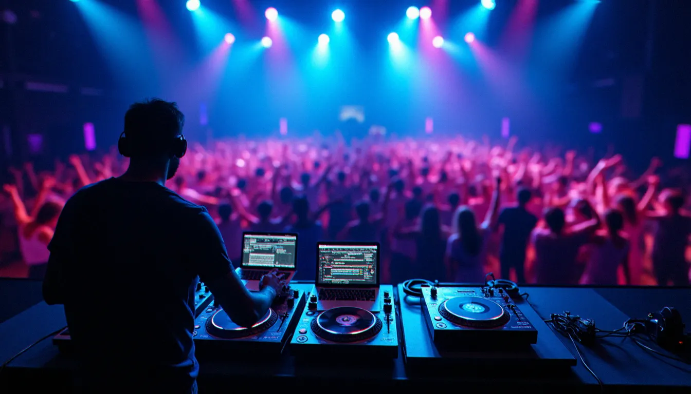 DJ en performance live avec un setup hybride combinant platines vinyle et logiciel DJ sur ordinateur, intégrant le matériel traditionnel dans un environnement numérique moderne