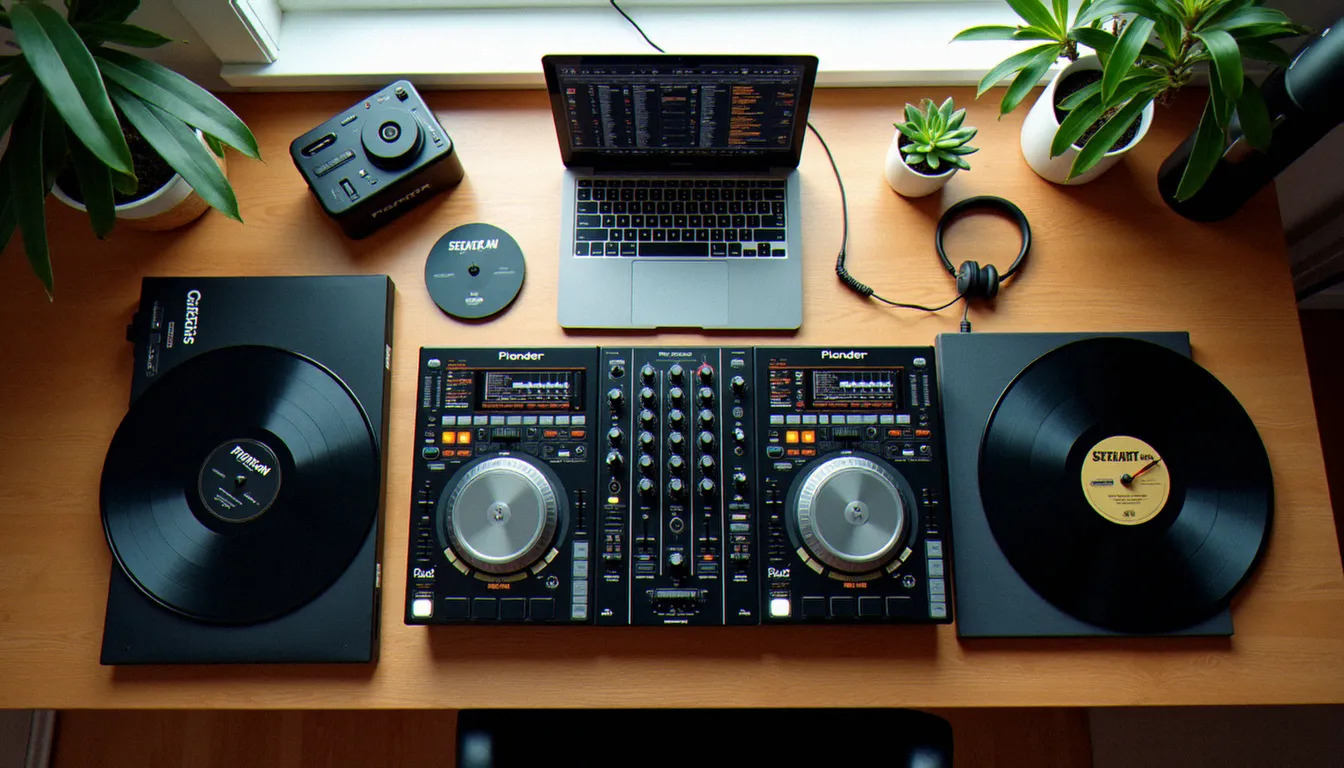 Vue comparative du matériel DJ traditionnel et numérique disposé sur un bureau de studio, incluant platines vinyle, CDJ Pioneer et contrôleur avec logiciel Serato