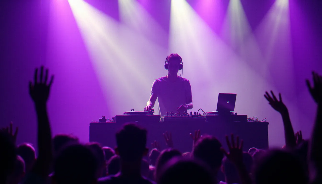 DJ professionnel en performance live en club avec un setup hybride alliant platines vinyle et logiciel numérique, public en arrière-plan sous les lumières de scène