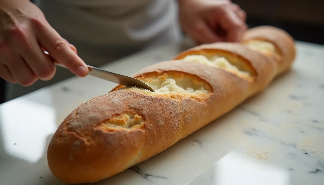 Gros plan sur la main d'un boulanger artisanal en train de grigner une baguette de tradition française sur un plan de travail en marbre