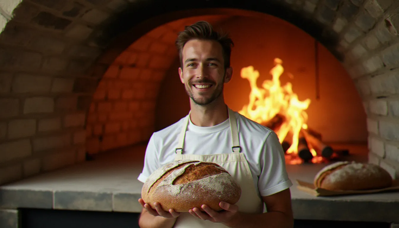 Jeune boulanger artisanal présentant fièrement un grand pain au levain devant un four à pierre traditionnel dans son fournil aux murs de pierre